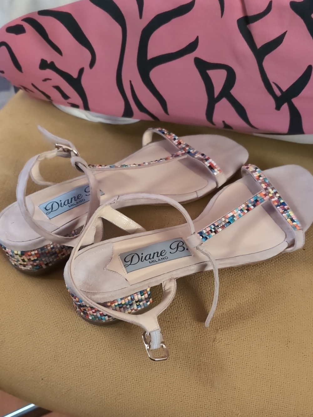 Vintage Diane B Colorful Beaded T-Strap Sandals